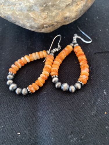Southwestern Sterling Silver Navajo Pearl Spiny Oyster Bead Earrings | 2" | Authentic Native American Handmade | 854