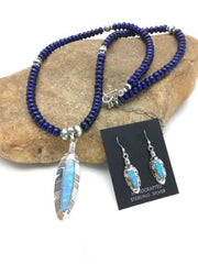 Native American Lapis Opal Pendant Necklace & Earring Set | Sterling Silver | 21" | Navajo Handmade