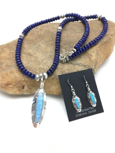 Native American Lapis Opal Pendant Necklace & Earring Set | Sterling Silver | 21" | Navajo Handmade