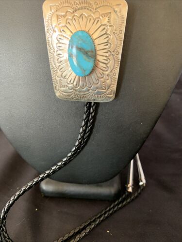 Men's Bolo Tie | Navajo Blue Kingman Turquoise | Sterling Silver | Authentic Native American Handmade | 12144