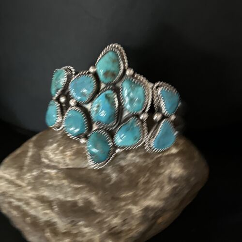 Men's Sterling Silver Cuff Bracelet | Blue Kingman Turquoise Cluster | Authentic Native American Handmade | 14596