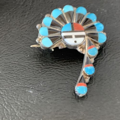 Zuni Turquoise Mother of Pearl Onyx Inlay Sun Face Necklace Pin Pendant | Sterling Silver | 1679