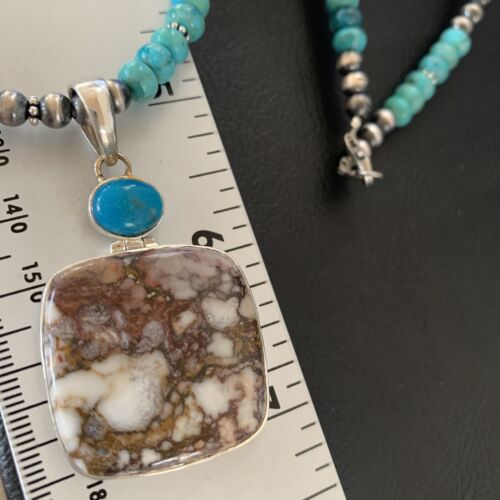 Men's Navajo Pearl Necklace | Sterling Silver | Blue Turquoise & Wild Horse Pendant | 11860