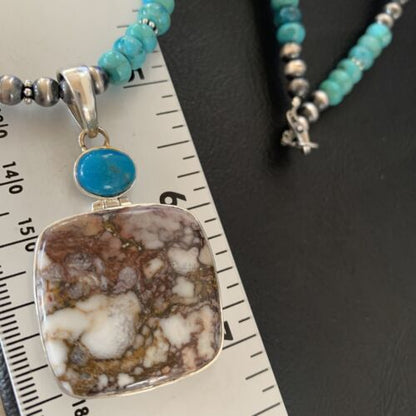 Men's Navajo Pearl Necklace | Sterling Silver | Blue Turquoise & Wild Horse Pendant | 11860