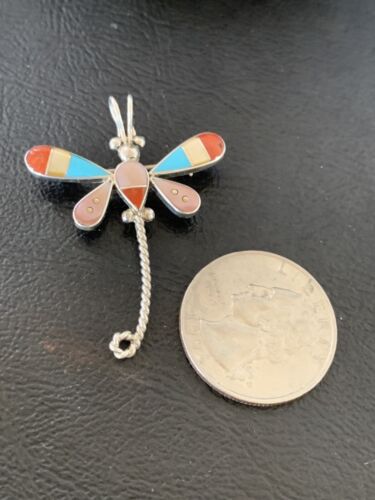 Zuni Turquoise Pink Mother of Pearl Inlay Dragonfly Necklace Pin Pendant | Sterling Silver | 12325