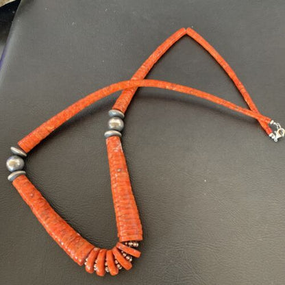 Navajo Apple Sponge Coral Bead Graduated Necklace | Sterling Silver | Authentic Native American | 25" | 11752