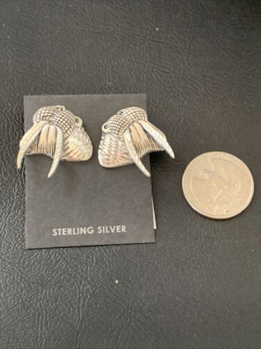 Native American Old Pawn Walrus Sterling Silver Diamond Cut Stud Earrings | 1" | 12993
