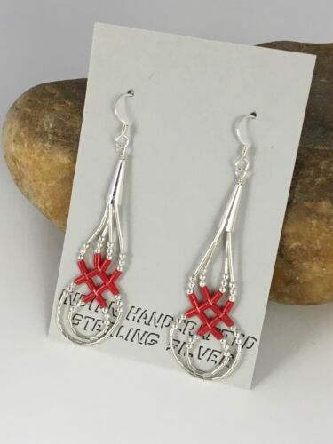 Native American Red Coral Heishi Tube Dangle Earrings | Sterling Silver | 2" | 8877