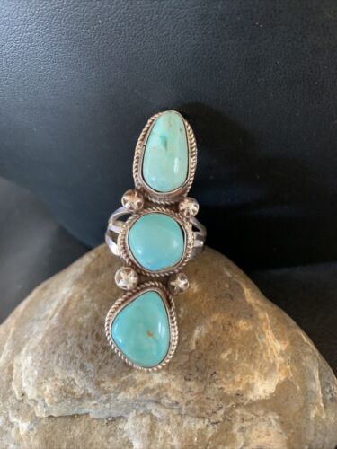 Navajo Blue Turquoise Cluster Ring | Authentic Native American Sterling Silver | Multi-Stone | Sz 11 | 02122