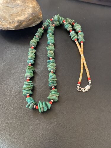 Navajo Green Turquoise Coral Shell Necklace | Sterling Silver | 28" | Authentic Native American Handmade | 11710
