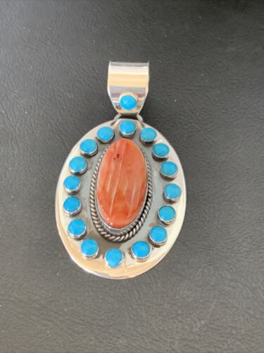Navajo Multi-Stone Cluster Pendant | Blue Turquoise & Spiny Oyster | Sterling Silver | 11564