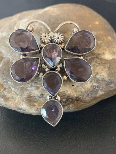 Navajo Dragonfly Pendant | Faceted Amethyst Gems Cluster | Authentic Native American Sterling Silver | Multi-Stone | 2.2" | 12738