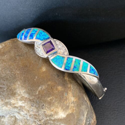 Navajo Blue Opal Amethyst Bracelet | Sterling Silver | 7" | Authentic Native American Handmade | 13123