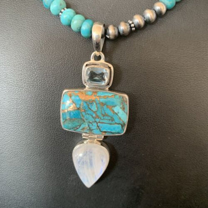 Navajo Pearls Necklace with Blue Mojave Turquoise Moon Pendant | Authentic Native American Sterling Silver | Multi-Stone | 11867