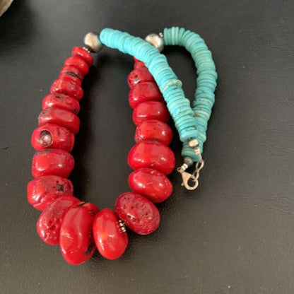 Navajo Red Coral & Turquoise Bead Necklace | Sterling Silver | Authentic Native American | 21" | 13163