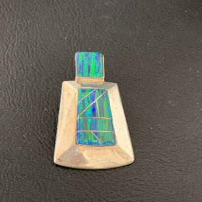 Authentic Native American Navajo Sterling Silver Blue Opal Inlay Pendant | Handmade Jewelry | 13335
