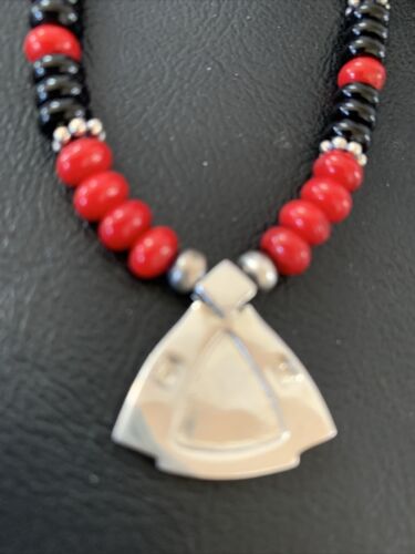 Navajo Pearls Necklace Pendant | Sterling Silver Onyx & Coral Inlay | Authentic Native American Handmade | 1930