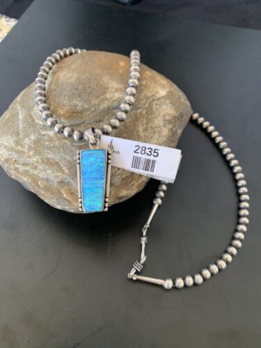 Blue Opal Inlay Necklace Pendant | Navajo Pearls | Sterling Silver | Authentic Native American Handmade | 2835 - Masha USA