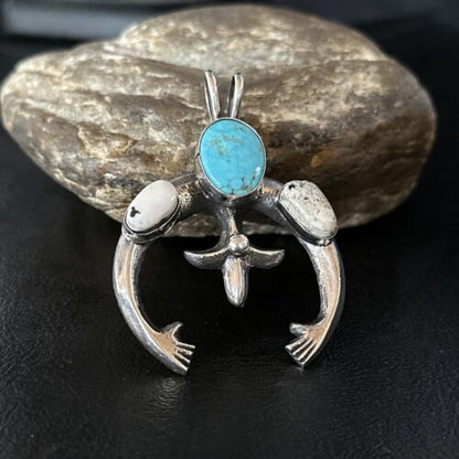 Navajo Blue Kingman Turquoise White Buffalo Naja Pendant | Sterling Silver | Authentic Native American Handmade | 14669 - Masha USA