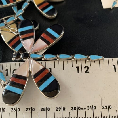 Zuni Dragonfly Necklace Earrings Set | Turquoise Onyx Inlay | Sterling Silver | Authentic Native American Handmade | 14213