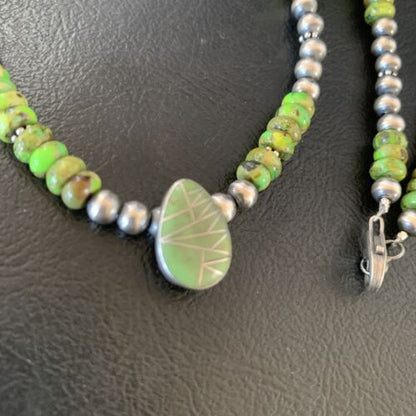Navajo Green Gaspeite Turquoise Pendant | Sterling Silver | Authentic Native American Handmade | 13274 - Masha USA
