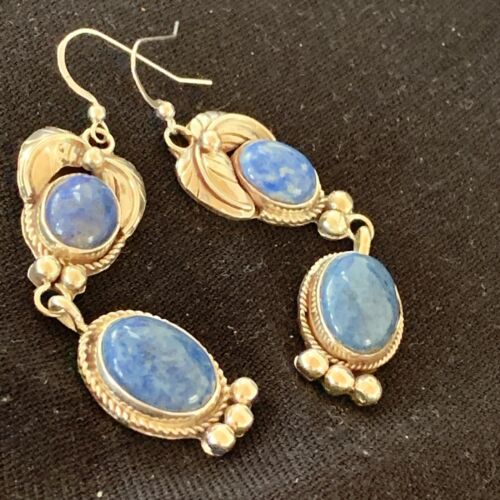 Native American Navajo Denim Lapis Dangle Earrings | Sterling Silver | 2" | 1682