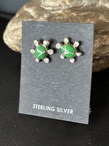 Navajo Turtle Green Turquoise Inlay Earrings | Sterling Silver | Authentic Native American Handmade | 14778