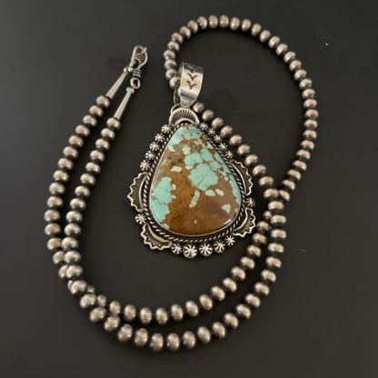 Navajo Pearls Necklace with Blue Turquoise #8 Pendant | Sterling Silver | Native American Handmade | 11294