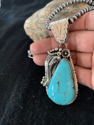 Men's Kingman Turquoise Pendant | Navajo Pearls Sterling Silver Necklace | Authentic Native American Handmade | 4299