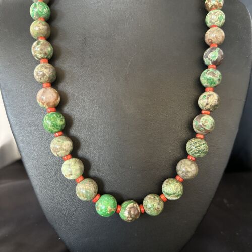 Navajo Green Turquoise Red Coral Necklace | Sterling Silver | 20" | Authentic Native American Handmade | 14736