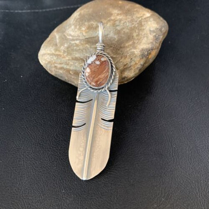 Men's Wild Horse Turquoise Feather Pendant | Navajo Sterling Silver | Authentic Native American Handmade | 13986