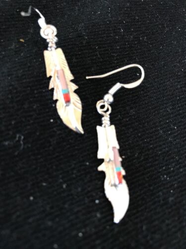 Navajo Coral Inlay Feather Earrings | Sterling Silver | Authentic Native American Handmade | 2007