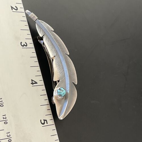 Handmade Sterling Silver Feather Barrette with Blue Turquoise Inlay | Authentic Navajo Jewelry | 2081