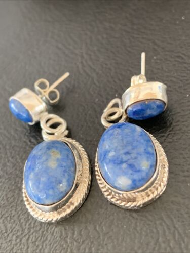 Navajo Denim Lapis Dangle Earrings | Sterling Silver | 1.1" | Authentic Native American Handmade | 1704