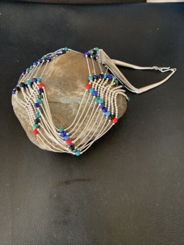 Native American Multi-Color Liquid Heishi Necklace | 10 Strand Sterling Tubes | 17" | 12623