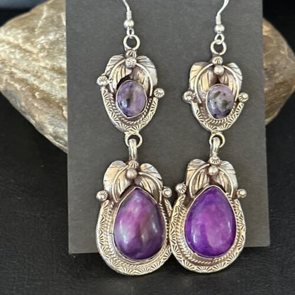 Navajo Purple Sugilite Dangle Earrings | Sterling Silver | 2" | Authentic Native American Handmade | 14461