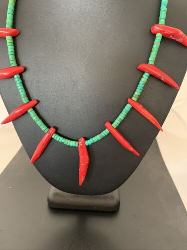 Navajo Turquoise Coral Chili Pepper Necklace | Sterling Silver | Graduated Beads | 20" | 00827