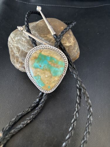 Navajo Green Royston Turquoise Bolo Tie | Sterling Silver | Authentic Native American Handmade | 14520 - Masha USA