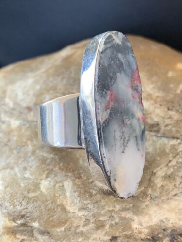 Southwestern Navajo Cinnabrite Ring | White Black | Sterling Silver | Sz 7.5 | 1562
