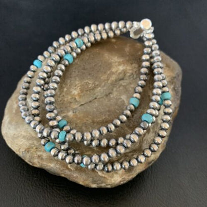 Navajo Pearls Blue Turquoise Bracelet | Sterling Silver | 4-Strand | Authentic Native American Handmade | 13148