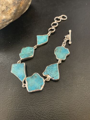 Navajo Blue Kingman Turquoise Rough Link Bracelet | Sterling Silver | 8" | 11648