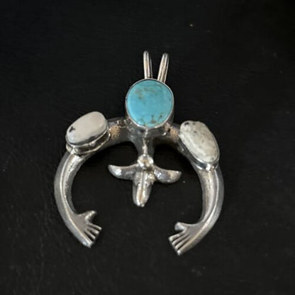 Navajo Blue Kingman Turquoise White Buffalo Naja Pendant | Sterling Silver | Authentic Native American Handmade | 14669 - Masha USA