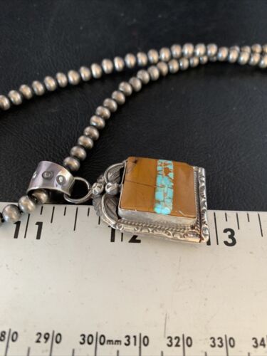 Men's Blue Boulder Turquoise Necklace Pendant | Sterling Silver | Navajo Handmade | 13767