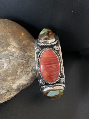 Navajo Green Royston Turquoise Spiny Oyster Cuff Bracelet | Sterling Silver | Authentic Native American Handmade | 1379