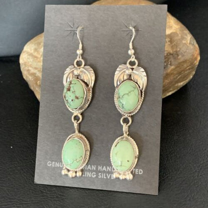 Navajo Green Spiderweb Turquoise Dangle Earrings | Sterling Silver | Authentic Native American Handmade | 13547