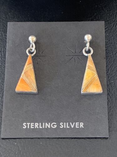 Navajo Orange Spiny Oyster Inlay Earrings | Sterling Silver | Minimalist Dangle | 12678