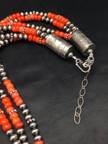 Navajo Red Coral 3 Strand Necklace | Sterling Silver | Authentic Native American Handmade | 2585