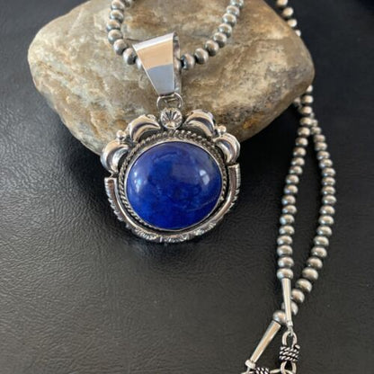 Native American Navajo Blue Lapis Pendant Necklace | Sterling Silver | Authentic Handmade | 11677 - Masha USA