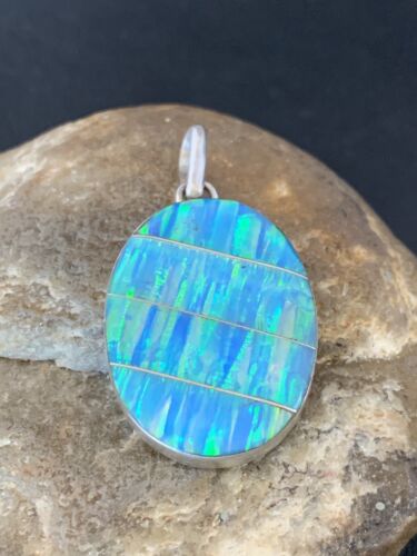 Navajo Blue Opal Inlay Pendant | Sterling Silver | Authentic Native American Handmade | 13142