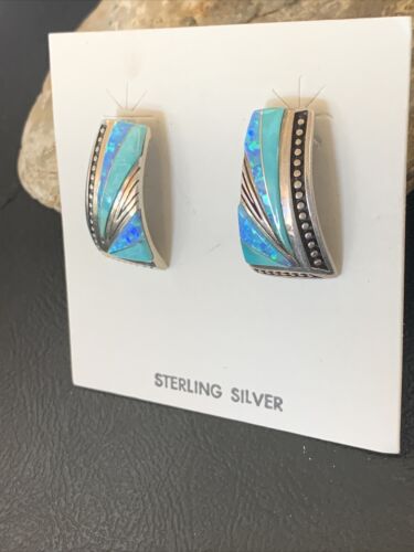 Navajo Blue Opal Turquoise Inlay Earrings | Sterling Silver | Authentic Native American Handmade | 12116